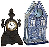 Clock and clock case- 2 (Two): Seth Thomas Sons "No. 8030" cast metal 8 days, time and strike, mantel clock, dial signed "Mitchell Vance, NY", c1874; and Delft blue and white architectural clock case