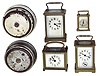 Clocks- 6 (Six) small timepieces: three French carriage clocks, one with alarm. one rarer wide model; two Lux tape measure clocks; Waterbury "Speck" miniature carriage clock; early 20th century