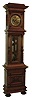 Furtwangler, L. & Sohne, Furtwangen, Germany, standing Vienna Regulator tall clock, 8 day time & gong strike weight driven movement marked "LFS" in a carved and turned two piece oak case with fancy embossed two tone pendulum with two matching brass weights and silvered brass dial with engraved brass center, c1875