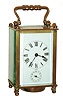 French brass and glass 8 day time and alarm carriage clock, cylinder escapement, c1900