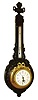 Paul Garnier, Paris, wall clock with thermometer, dark oak case with carved laurel and the top with an urn, the upper section with thermometer, the lower with gilt cased timepiece, signed Arabic numeral white enamel dial with polychrome floral swags, blued steel hands, 8 day time only, movement with platform escapement, c1910