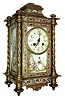 France, champleve and polychrome enamel decorated mantel clock, architectural gilt brass case with toupie feet, corners with twisted columns and with flattened gadrooned finials, casket form top with champleve decoration, champleve freize, base, and borders, the front and sides set with polychrome enamel decorated plaques, the front features two figures in antique costume seated in a landscape, the left side with male figure, the right with a female, both in similar dress and surrounded by nature, the side panels signed "H. Poitevin", Arabic numeral white enamel dial with floral garlands, blued steel hands, 8 days, time and strike, pendule a Paris movement signed Marti, c1910