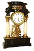 Austria, 2-day three train grand sonnerie striking shelf clock with Viennese full quarter striking, ebonized wooden case with alabaster columns, giltwood capitals and bases, the top with paint decorated baluster form pillars and reverse painted scene with a country house and monument in a landscape, engine turned bezel and dial surround, Roman numeral white enamel dial, blued steel Breguet style hands, pierced brass silk thread suspended pendulum, c1835