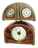 Clocks- 2 (Two) electromechanical inlaid walnut mantel clocks: French Bulle with lightning pattern; Herman Miller, Zeeland, Michigan, with French Hatot movement, thermometer and barometer, c1935