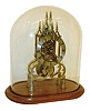 Spain, single fusee timepiece skeleton, in a 3 spire frame of Gothic influence, and with a solid ring silvered brass dial, mounted to a well made walnut base and with a glass dome, c,1975