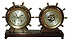 Chelsea Clock Co., Boston, Mass., "Claremont" 8 days,ship's bell clock and barometer yacht wheel set in a two-tone yellow brass and bronze finish, #627029, c1958