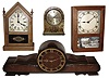 Clocks- 4 (Four) wood case: extra wide German 3-train tambour with "Babbclock"(?) chiming (not Westminster) movement, c1935; Seth Thomas "Sharon E" plug-in striking electric steeple clock, c1953; New Hampshire plug-in reproduction of 1816 Eli Terry box clock; Gilbert 8 days, time and strike, "Color Clock" in painted case, c1927