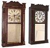 Clocks- 4 (Four) 30 hours, wood movement: (1) Elisha Hotchkiss, Burlington, Conn., time and strike, half column & splat, c1835. (2) Jason R. Rawson, Saxons River, VT, time and strike, half column & splat, c1840. (3) Edward M. Barnes, Chimney Point, VT, time and strike, "groaner movement" in stenciled half column & splat case, c1835. (4) Daniel Pratt, Jr., Reading, MA, time and strike, half column & splat, c1840.