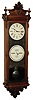 Ithaca Calendar Clock Co., Ithaca, NY, "No. 1 REGULATOR" double dial perpetual calendar oak wall clock with full seconds beating pendulum and center seconds hand, two weight, 12 inch dials,  written serial #3304, dated behind dials, Nov., 1884