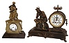 Clocks- 2 (Two).  Seth Thomas & Sons, #8026 figural mantel clock, cast case with seated female figure, Roman numeral white enamel dial, two week going time and strike movement, , c1880, Ansonia "Mercury", seated figure of Mercury to left of clock case, Arabic numeral white enamel dial with open escapement, 8 days, time and strike, movement, mounted to a japanned iron base with gilt paw feet, c1895