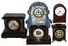 Clocks- 5 (Five) 8 day mantel clocks: three American time and strike, including Ansonia Clock Co. "La Plata", c1910, three enameled iron clocks, a Waterbury Clock Co, c1900, and a New Haven c1900, and one which appears to have a French movement and a French time-only mahogany round top case with cylinder escapement, c1910