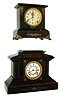 Clocks- 2 (Two) Seth Thomas shelf clocks:  (1) Unidentified 8 days, time and strike, mantel clock in an enameled iron case with a porcelain dial, c1902.  (2) "Advance" Automatic 8 days, time and strike, with separate Long Alarm movement in a black adamantine case with green marbleized top and base moldings, c. 1909,