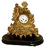 Clocks- 2 (Two) French: 8 days, time and strike, mantel clocks - (1) Japy Freres movement, gilt metal figural case on oval ebonized wood base (no glass dome); (2) Blue hand-painted porcelain case with Marti movement; both c1890
