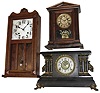 Clocks- 3 (Three): 8 days, time and strike, Connecticut clocks: Sessions oak box regulator; Ingraham black mantle and Ingraham walnut portico-roof shelf; early 20th century