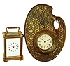 Clocks- 2 (Two) time only: Waterbury "Sage" 8 day brass and glass carriage clock; E.N. Welch brass artists' pallet 30 hour novelty, c1906