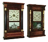 Clocks- 2 (Two): Chauncey Jerome, New Haven, Conn."Column Clock" with 30 hour weight driven time and strike, movement in a mahogany veneered case with painted half columns with gilt caps and bases, c1850;  Jerome & Co., New Haven, Conn., Column clock with 30 hour weight driven time and strike movement in a rosewood veneered case with faux decorated columns and gilt caps and bases, c1855