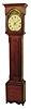 Pennsylvania tall clock, 30 hours, time and strike, single weight, pull-chain wind with English style brass count wheel strike movement in a flat top cherry case with string inlay, Hepplewhite bracket base. Painted iron dial with date calendar, c1820