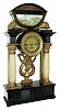 Austria, grand sonnerie striking mantel clock, ebonized case with carved decoration, the alabaster columns with gilt capitals and bases, case top with gilt cornucopia flanking a very nice watercolor landscape behind glass, the painting with buildings, a farmyard with livestock, and 3 well dressed figures in the foreground, Roman numeral silvered dial with gilt engine turned center and bezel, blued steel hands, and pierced brass pendulum, brass 2 day movement with grand sonnerie striking, now without the music box originally contained in the base, c1840