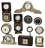 Clocks- 13 (Thirteen) travel, novelty, auto and desk small mechanical timepieces: makers include Elgin, Phinney Parker, Waltham, Linden, Keyless, Lux, etc., 20th century
