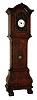 Miniature tall clock, burl walnut veneered case in the Dutch style, cast brass shield with scroll ornament and putti, Roman numeral white enamel dial, French 8 day timepiece movement with platform escapement, 19th century