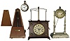 Clocks- 3 (Three) and Seth Thomas metronome: Globe Clock Co. "Worlds Fair" clock, ca 1941; Horolovar reproduction 8 day flying-ball Ignatz; "West End Watch Co." glass ball paperweight clock; 20th century