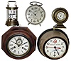 Clocks- 5 (Five): Horolovar reproduction Plato; Ansonia 8 day twin spring time only, walnut octagon marine clock; Ansonia brass desk clock; Simplex, by Ansonia, nickel alarm clock; and Russian modern ship's clock; 20th century