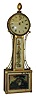 Boston area banjo clock, mahogany case with gilt frames, gilt finial, and reverse painted glasses, the box glass showing two women in a landscape with a pet bird, brass bezel with convex glass, Roman numeral painted sheet iron dial, moon hands, 8 day brass timepiece movement, the back plate with 2 mounting tabs, and cast iron weight, c1830