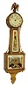 Walter Durfee, Providence, Rhode Island, patent timepiece or banjo clock, mahogany case with gilt frames and presentation bracket, lower tablet with battleships, throat glass with gilt eagle and stars and bars shield, case top with gilt composition eagle, signed Arabic numeral white painted dial, steel barbed hands, 8 days, E. Howard & Co. timepiece movement with damascened pendulum, cast iron weight, c1910