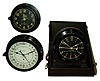 Clocks- 3 (Three) Chelsea Clock Co., Boston, with phenolic cases, 8 day time only, hinged bezel military clocks: U.S. Army Message Center in hinged wood box; U.S. Navy 1943 Mark 1 Deck Clock with 6" dial; U.S. Government with 24-hour 8" white dial.