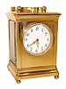 Carriage clock, 8 day striking and repeating movement with platform escapement, brass purpose made case with beveled glass, Arabic numeral white enamel dial, gilt Louis XV style hands, with associated red morocco traveling case, c1900