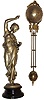 Ansonia Clock Co., New York, "Fisher Ball Swing", the patinated spelter figure of a young woman carrying fish and holding the clock aloft in her right hand, mounted to an ebonized cast iron base, 8 day time only, movement mounted inside a brass sphere with cast ribbon ornament and applied Arabic numerals, Louis XV style hands, the lower section in gridiron style with smaller sphere at the bottom, c1900