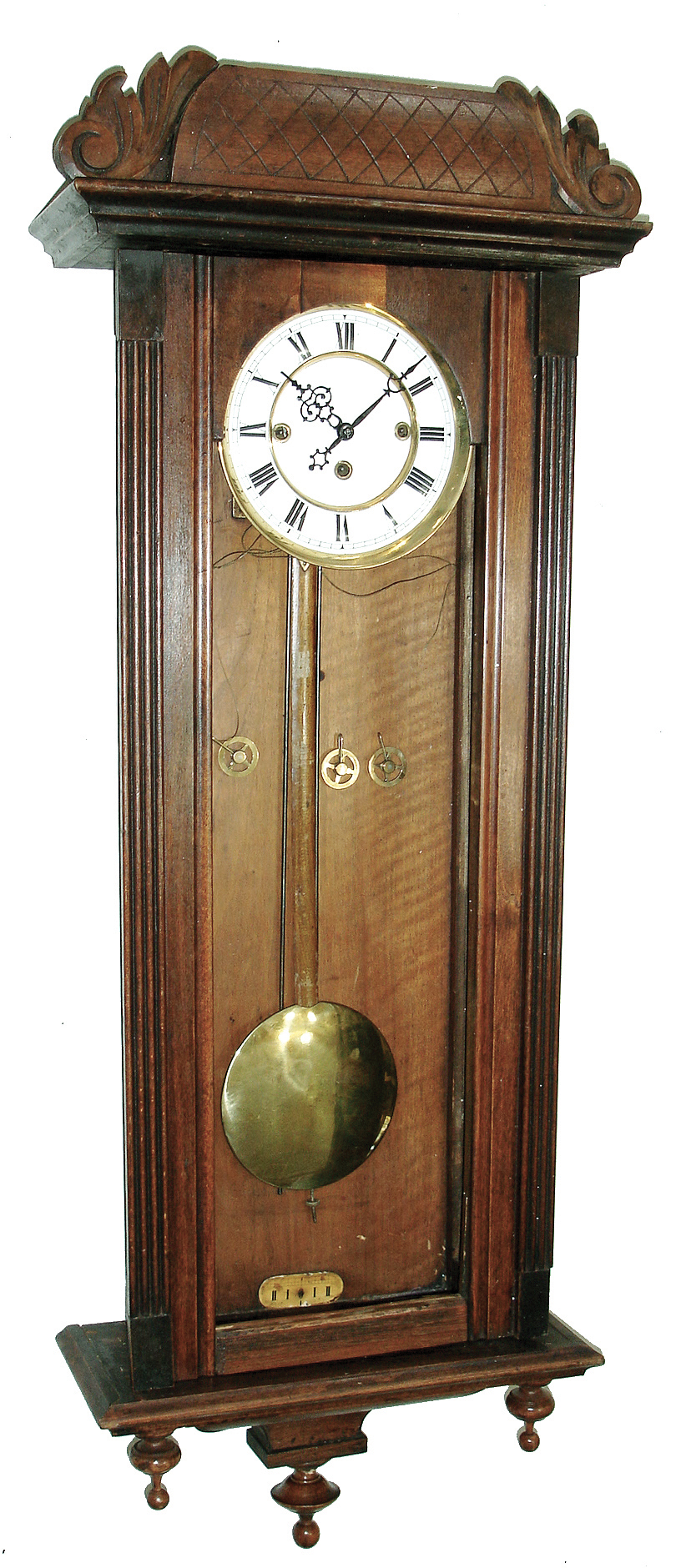 Clocks- 2 (Two) German walnut three weight, 8 days, Vienna regulators: one with Junghans trademark on back plate; one with Hermann Heinze on dial; c1890 — Antique Clocks Price Guide