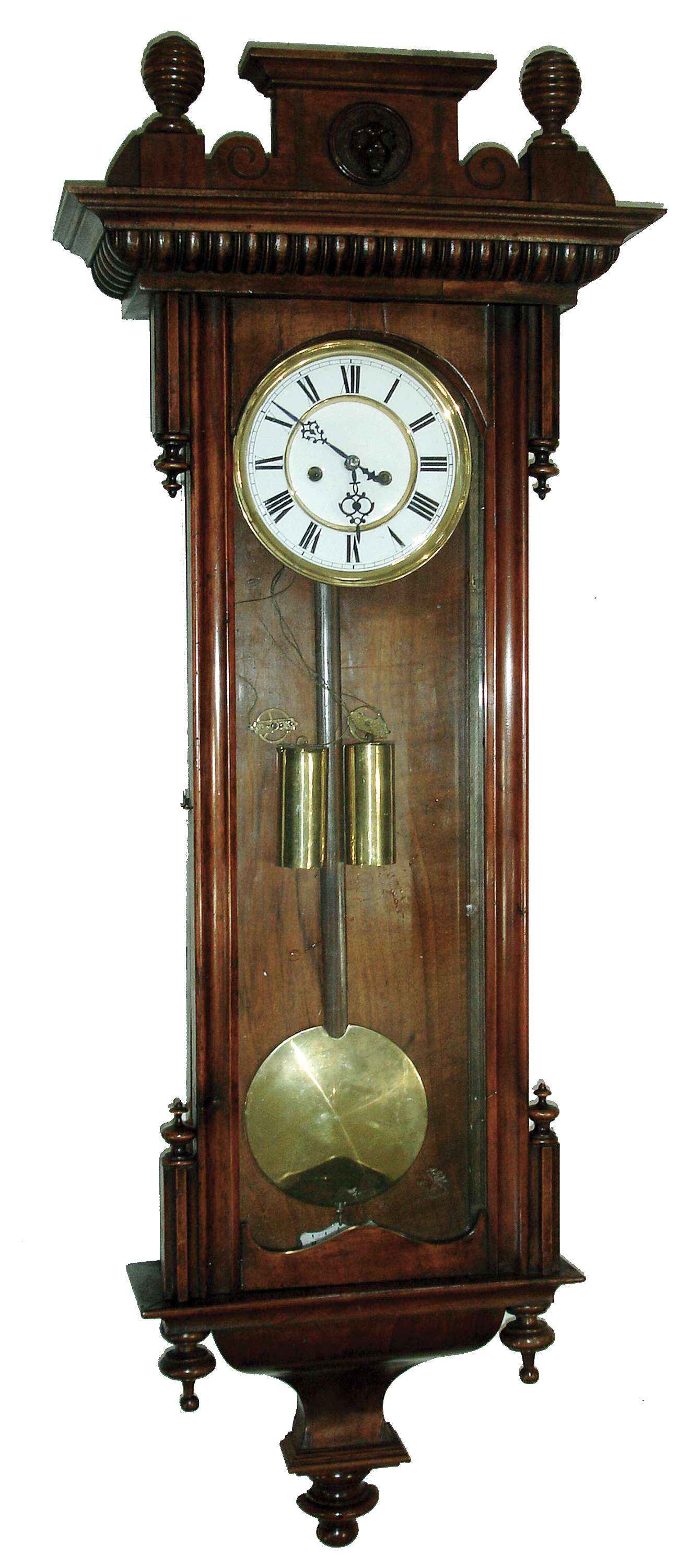 Clocks- 3 (Three) German walnut 2 weight, 8 days, time and strike, Vienna regulator wall clocks: trademarked back plates by Becker, Kienzle and other; c1900 — Antique Clocks Price Guide