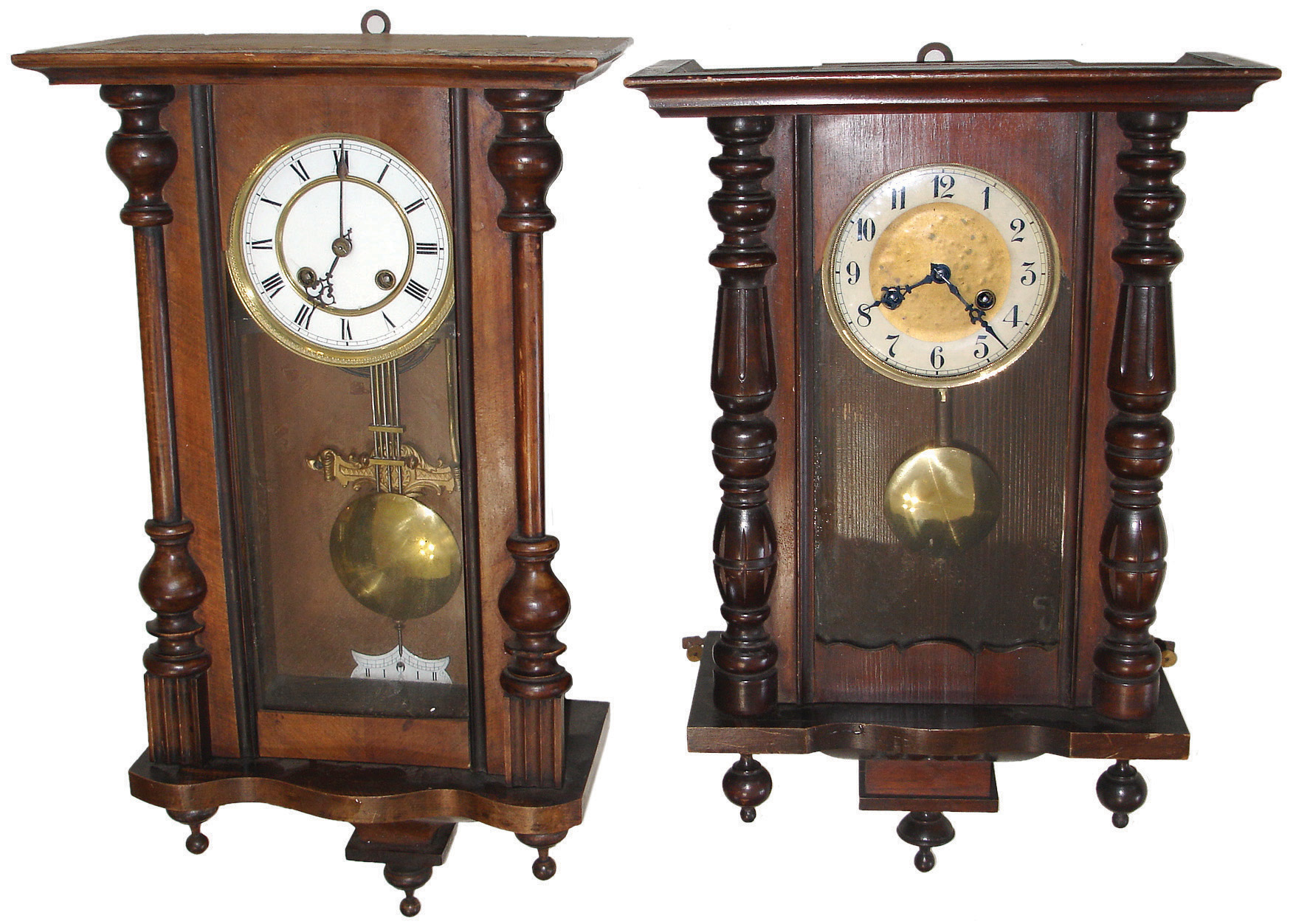 Clocks- 5 (Five) German, 8 days, time and strike, walnut, spring driven, wall clocks: three with white enamel dials; two with cream enamel chapter rings; all missing top crests; c1900 — Antique Clocks Price Guide