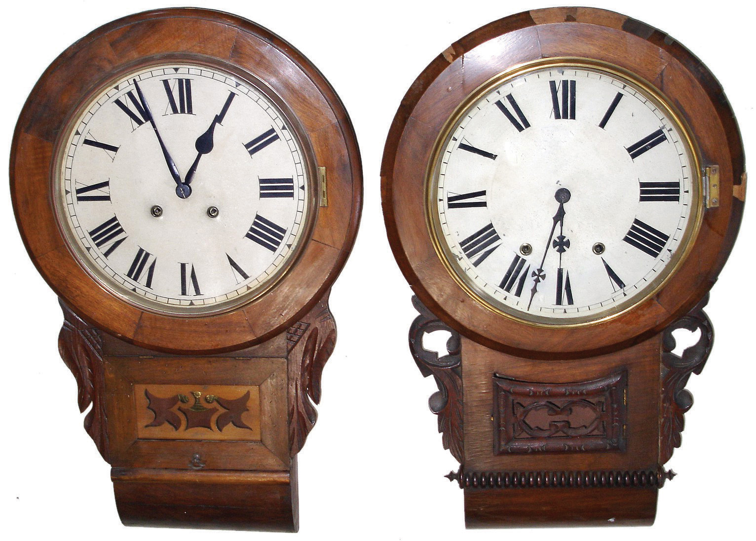 Clocks- 5 (Five) Anglo American mostly walnut, 8 days, time and strike, spring driven, wall clocks, carved and inlaid, c1890 — Antique Clocks Price Guide