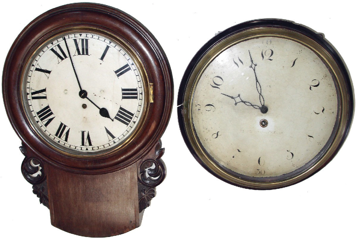 Clocks- 2 (Two) English single fusee, 8 days, time only, walnut wall clocks with painted metal dials: one round 13Ò dial gallery; one short drop 11 1/2Ó dial; c1890 — Antique Clocks Price Guide