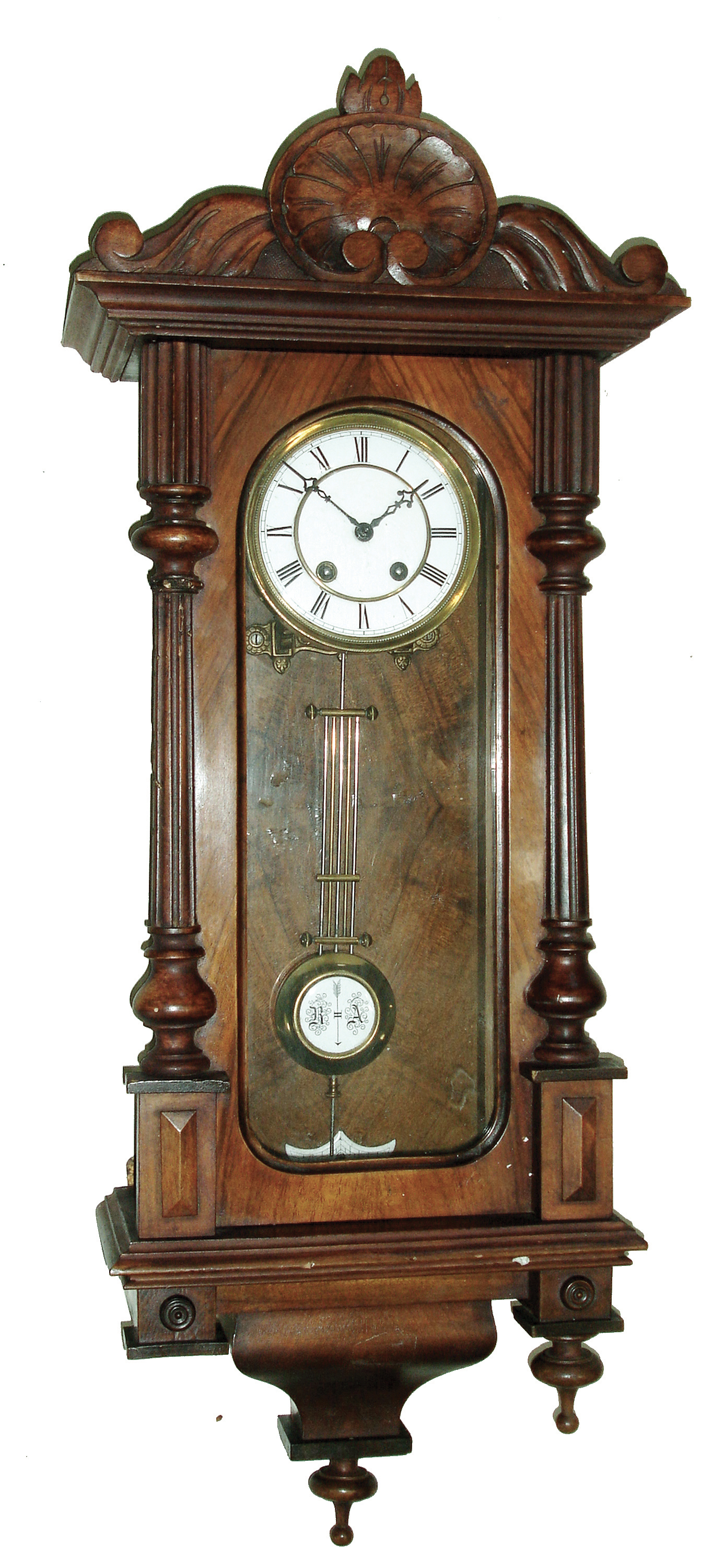 Clocks- 3 (Three), 8 days, stained wood case wall clocks: German R/A time and strike; French ODO ÒA. Calvet, MontpelierÓ Westminster chime; ÒSchutzÓ German 1 weight; c1910 — Antique Clocks Price Guide