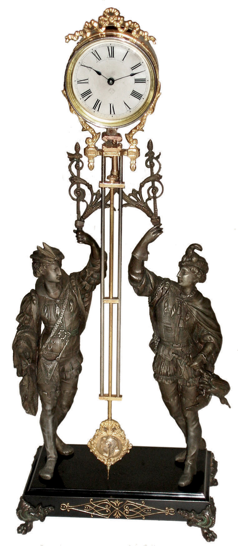 Ansonia Clock Co., New York, NY, ÒFisher and Falconer SwingÓ shelf clock, 8 days time and strike, spring driven movement with a double spelter figure, cast iron base case with original papered dial, c1880 — Antique Clocks Price Guide