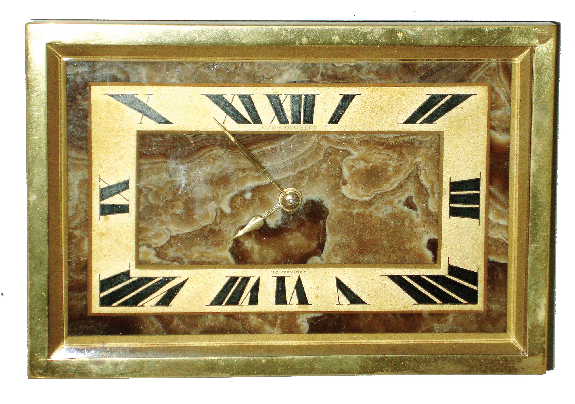 Swiss for ÒJose Carayalde, MontevideoÓ. Brass, marble and beveled glass time only, 8 days, easel style desk clock, c1930 — Antique Clocks Price Guide