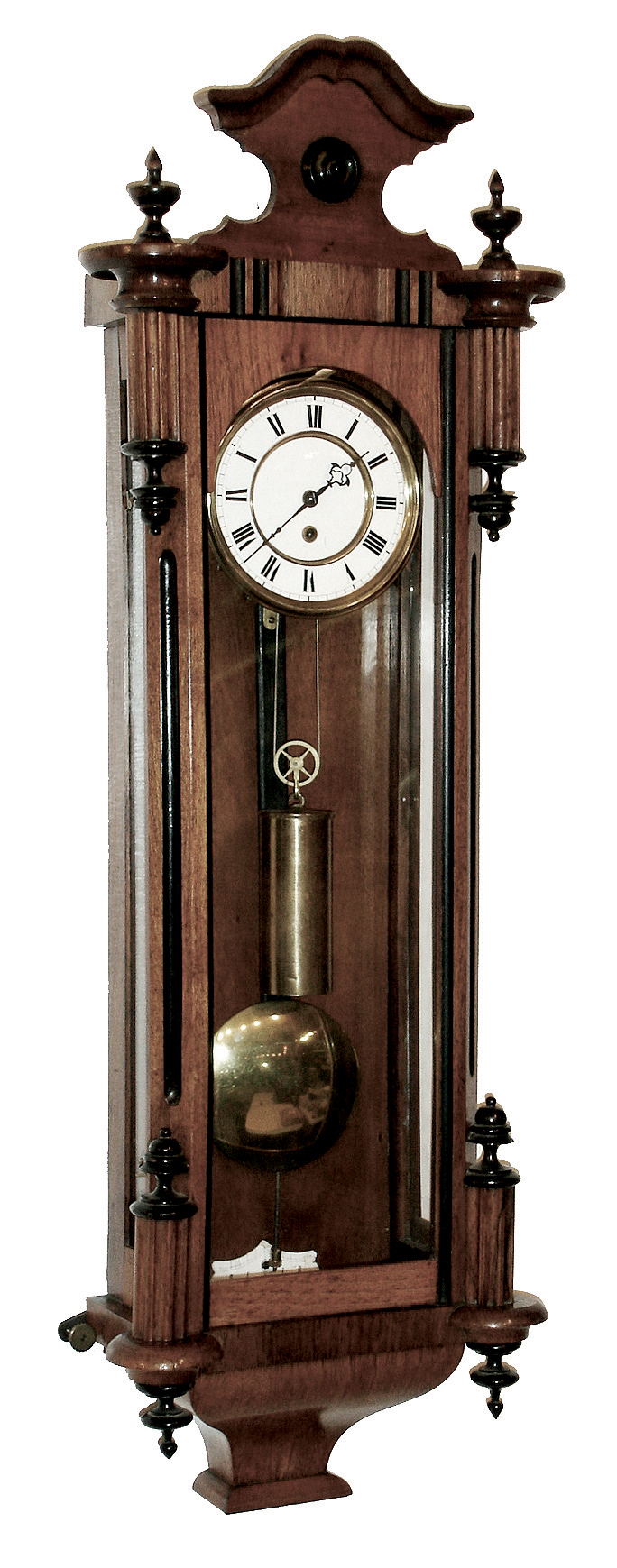 Vienna regulator, eight days, time only, single brass, weight driven movement in a walnut case with ebonized highlights and white enamel dial, serial number 32573, c1875 — Antique Clocks Price Guide