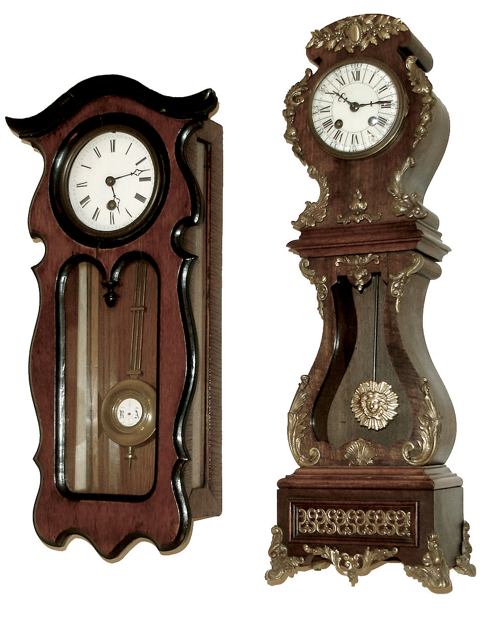 Clocks- 2 (Two): the first a miniature Vienna style, 8 days, timepiece, walnut case with ebonized trim, Roman numeral white enamel dial, late 19th century, the other a French miniature tall clock, mahogany bombe case with applied gilt ornaments, Roman numeral white enamel dial, 8 days, time and strike, pendule a Paris movement signed ÓMaple &amp; Co. ParisÒ, c1900 — Antique Clocks Price Guide