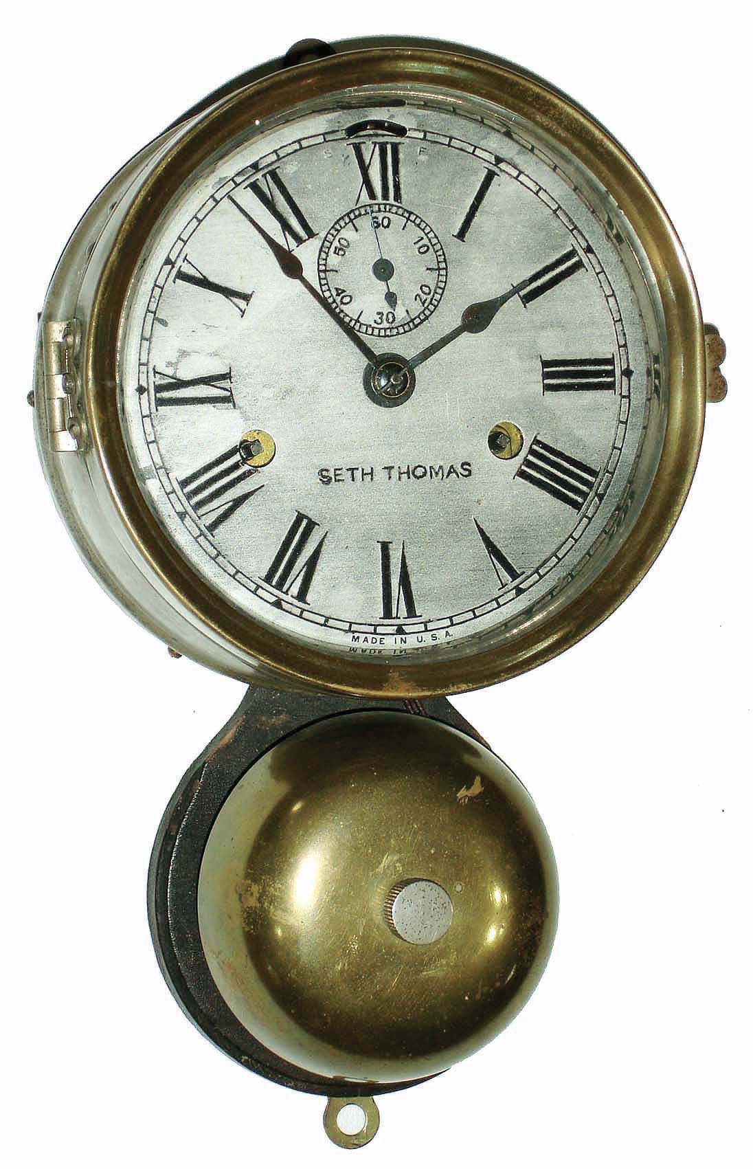Seth Thomas Clock Co., Thomaston, Conn., 30 hours, outside-bell nickel plated shipÕs bells wall clock, c1910 — Antique Clocks Price Guide
