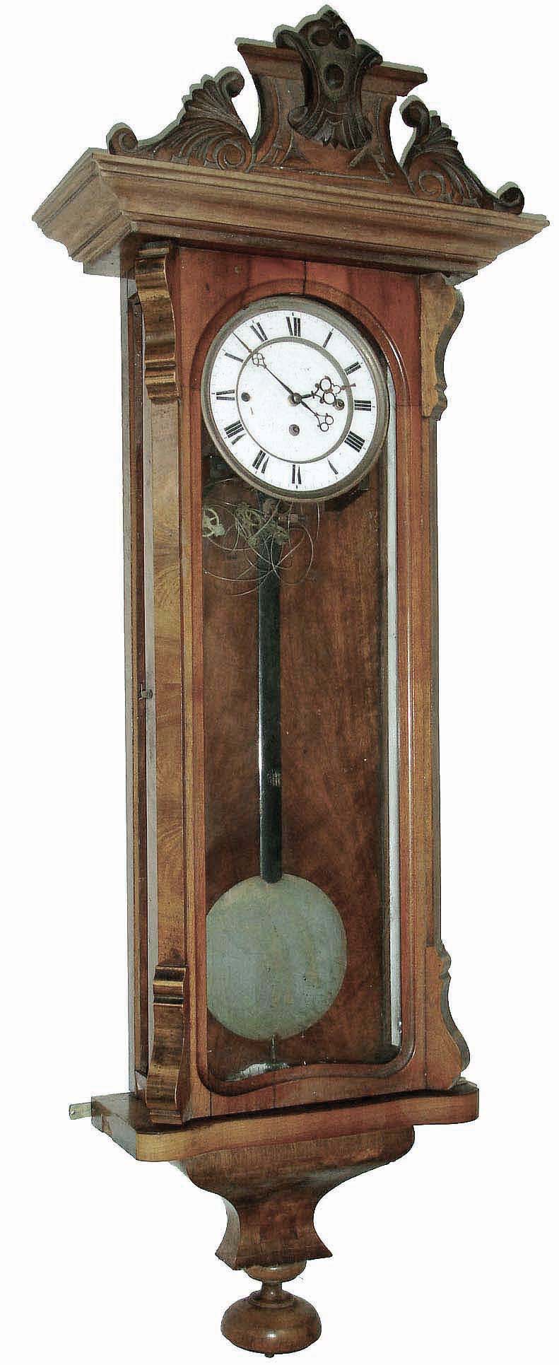 Clocks- 2 (Two), 8 days, wall clocks: New Haven ÓErieÒ model, time only, oak long drop school clock, c1911; three-weight walnut Vienna regulator regulator; late 19th century — Antique Clocks Price Guide