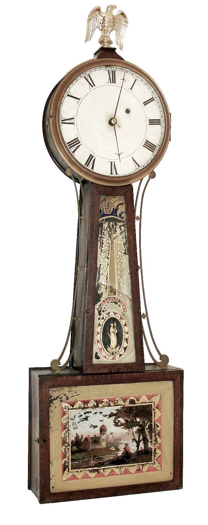 Simon Willard, Boston, Mass. attribution, 8 days, weight brass movement Patent or banjo timepiece, c1810 The cross piece on the keystone was used by William Cummens and Elnathan Taber. — Antique Clocks Price Guide