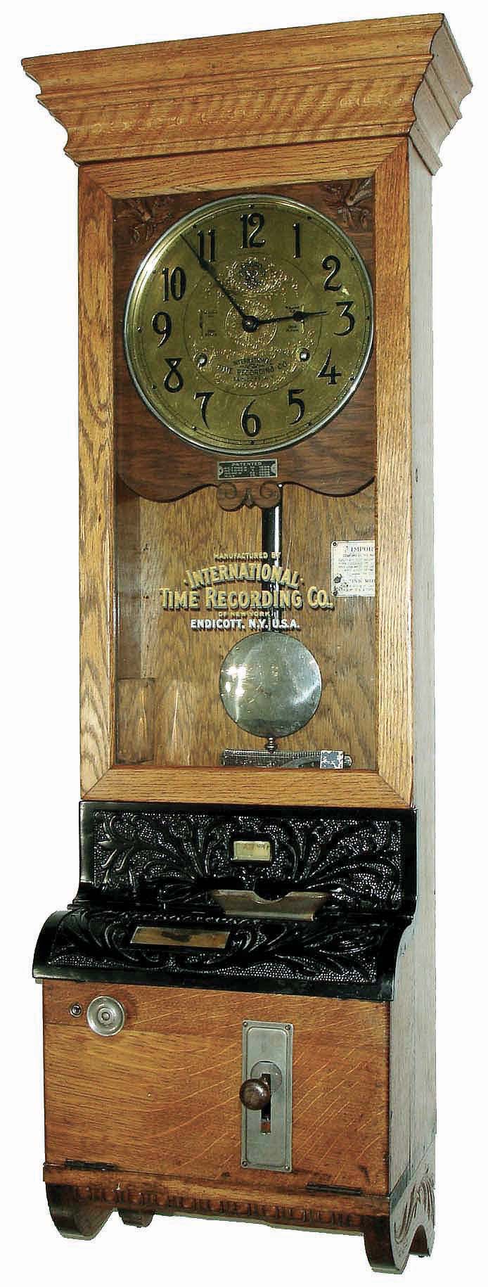 International Time Recording Co., Endicott, NY, oak, 8 days, wall-hanging punch clock, Style 508 dated 9/7/10 on rear — Antique Clocks Price Guide