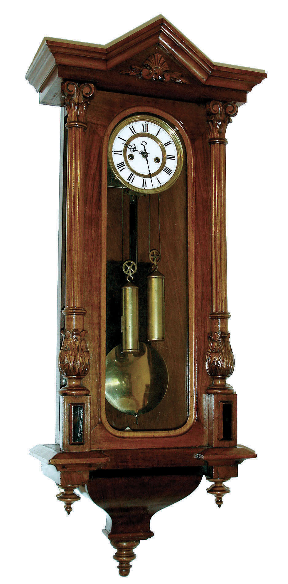 Austria, miniature / small 2-weight ÒVienna RegulatorÓ, walnut veneer case, with fluted half columns to the side w/ Corintian capitals, c1880 — Antique Clocks Price Guide