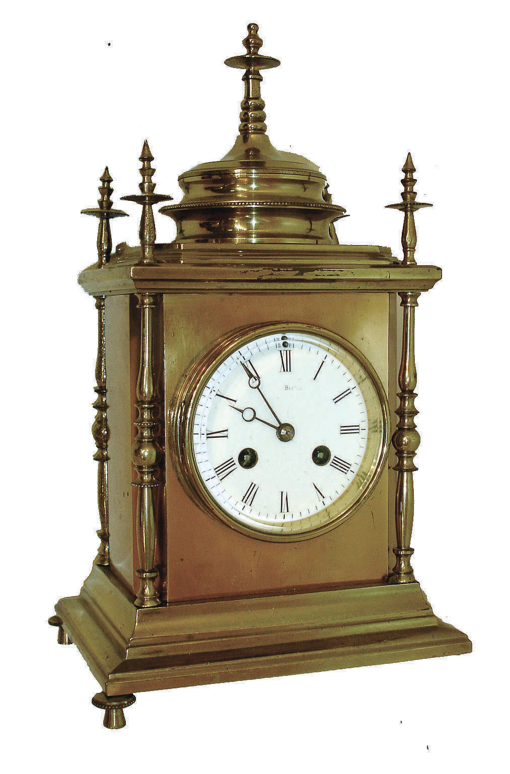 France, a polished brass desk clock of architectural form, with 4 free standing columns at the corners, a temple top and 5 finials, and an 8 days, bell strike movement, c1890 — Antique Clocks Price Guide