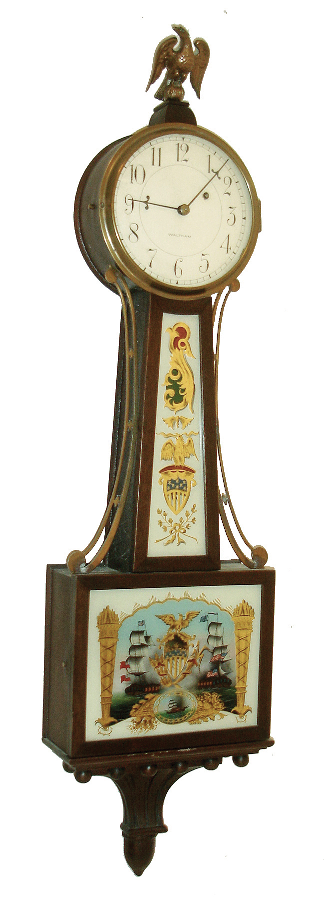 Waltham Clock Co., Waltham, Mass., Willard style full size weight banjo, with PerryÕs Victory tablets and in a plain mahogany case with bracket and balls, c1925 — Antique Clocks Price Guide