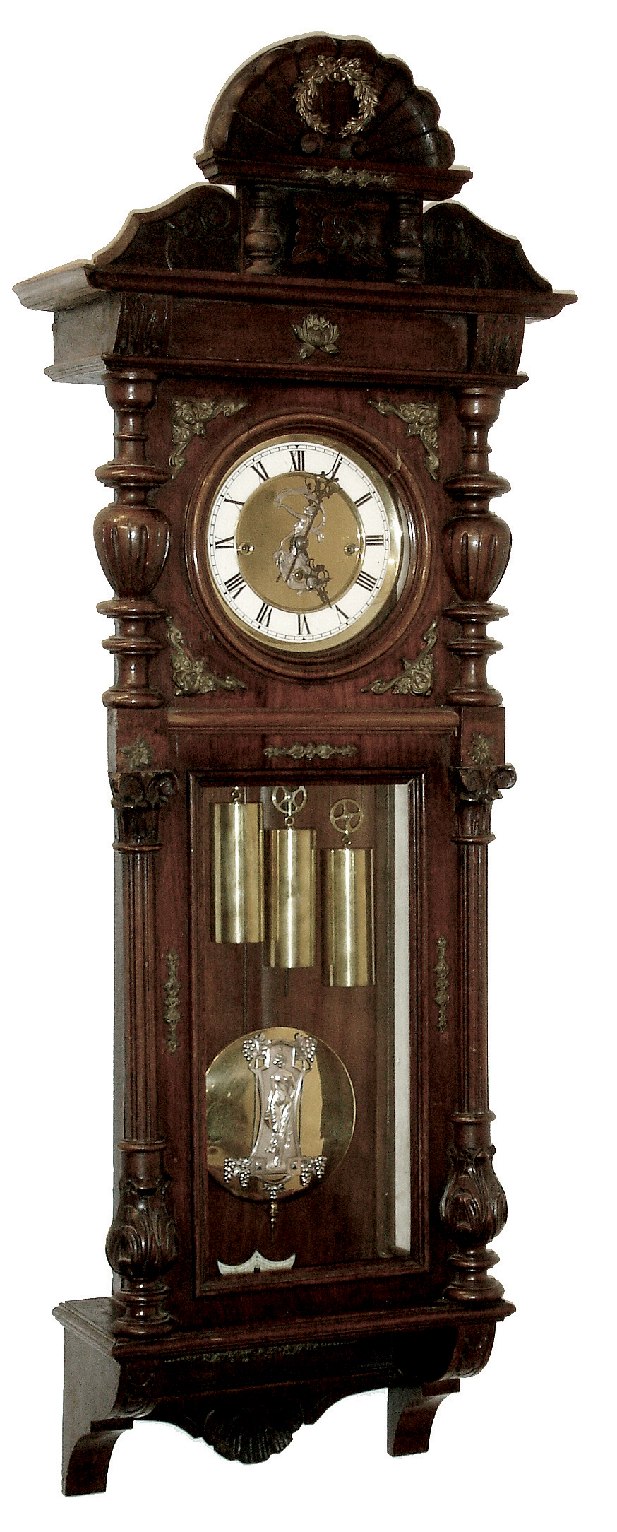 German origin, ÓVienna RegulatorÒ, 3-weight, Grand Sonnerie double door, walnut cased wall clock with melodious rod quarter striking, the dial and pendulum with female, Art Nouveau decorations, c1900 — Antique Clocks Price Guide