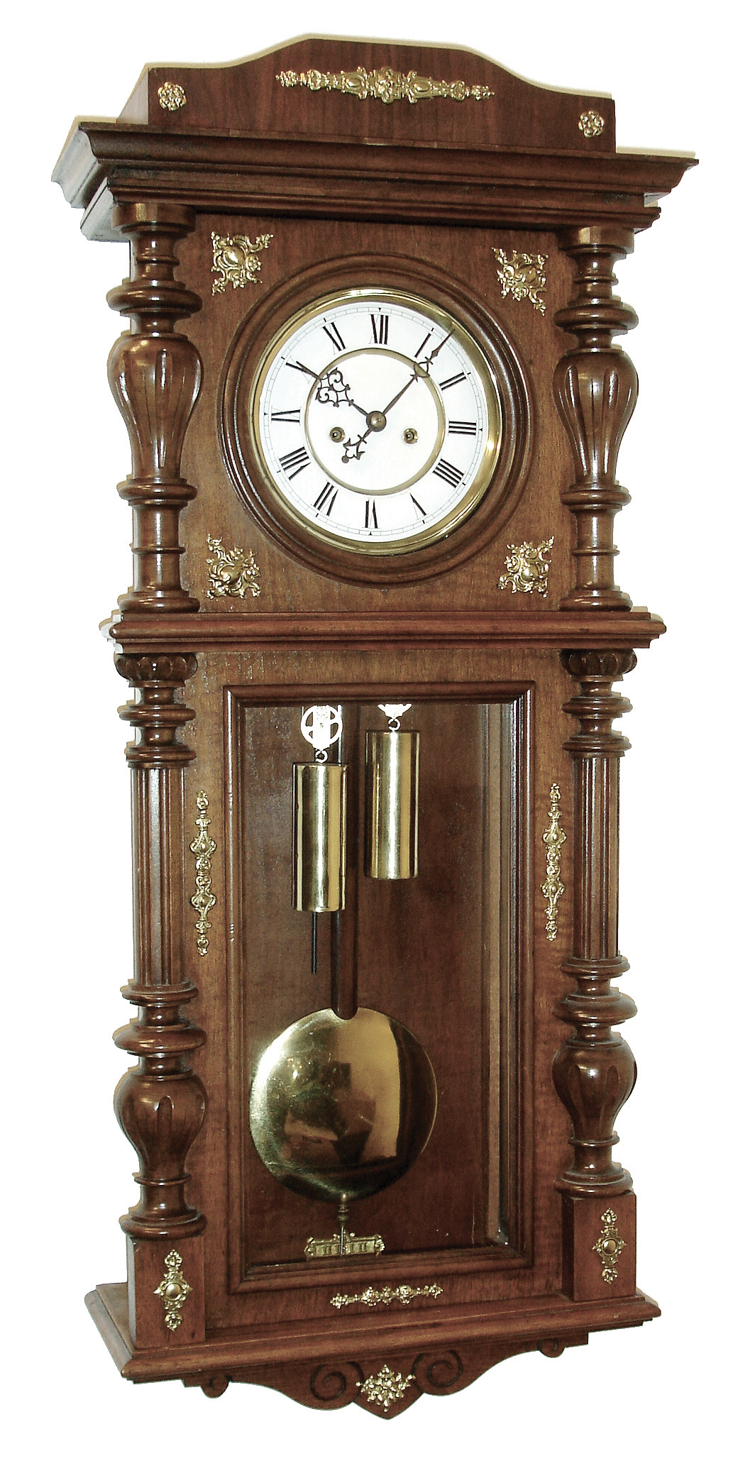 Gustav Becker, Germany, walnut cased ÓVienna RegulatorÒ, in a double door style with embossed brass trim and with rod strike, c1890 — Antique Clocks Price Guide